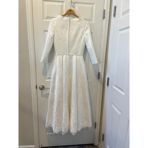 Wedding Dress1950s style Neck  Detachable Train Satin French Lace Sz10 #32 New - Picture 4 of 14